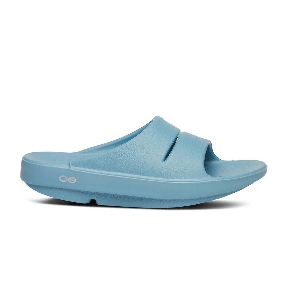 NEW OOFOS women's ooahh slide sandals in ocean blue